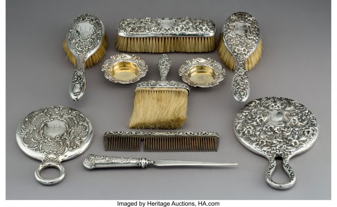Nine Gorham RepoussÃ© Silver Vanity Items with a (1 of 3)