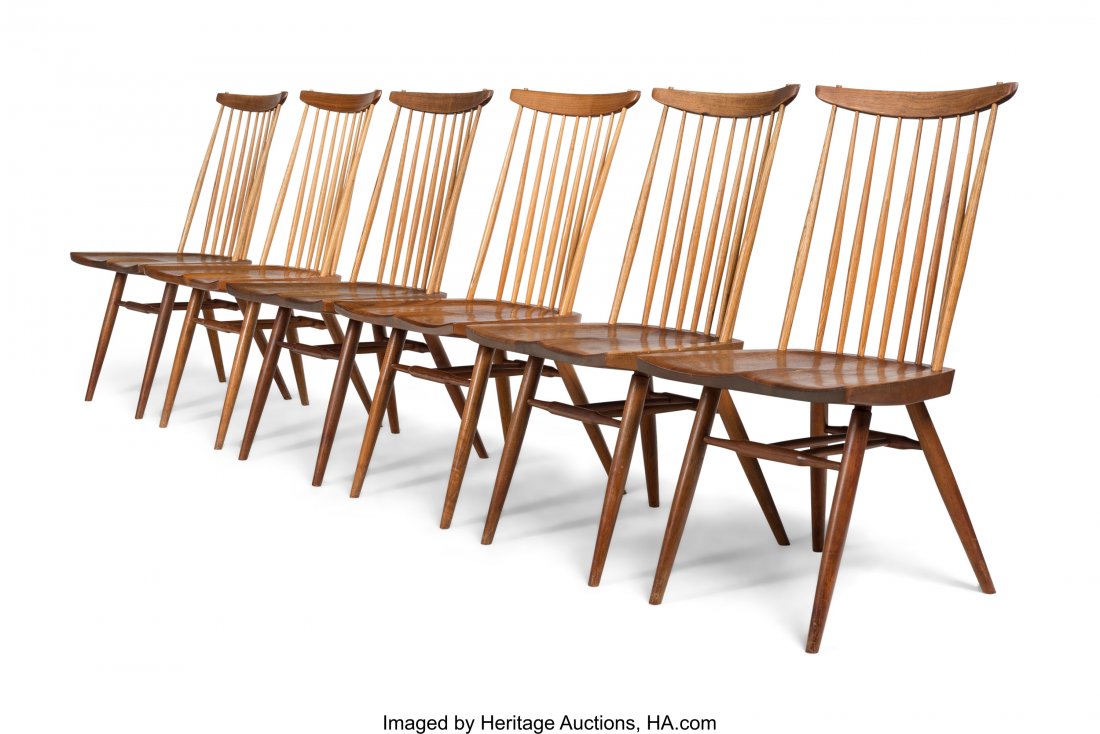 George Nakashima (American, 1905-1990) Six New C: George Nakashima (American, 1905-1990) Six New Chairs, circa 1970 Walnut, hic