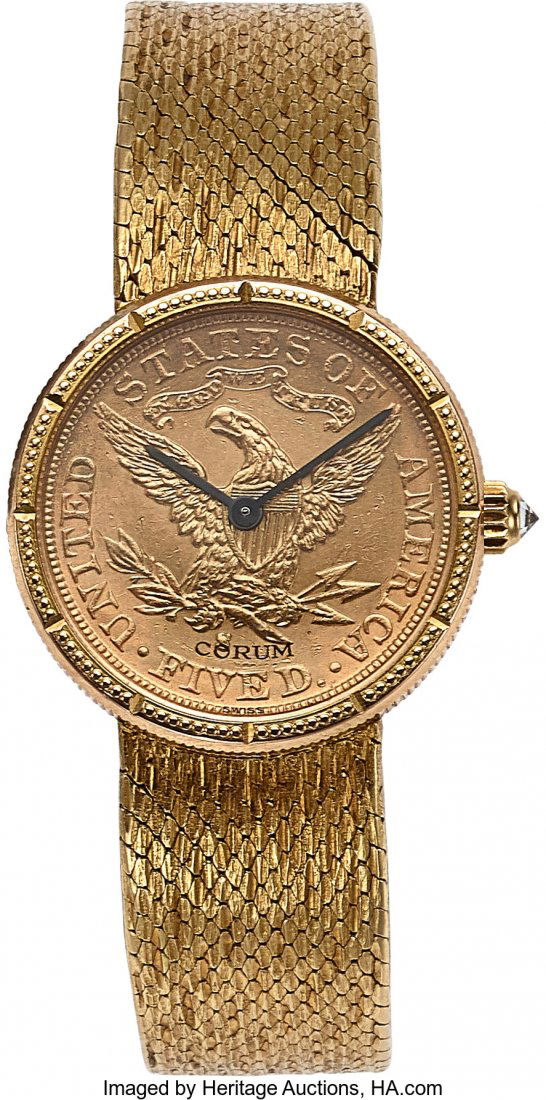 Corum 18K Lady's 1886 $5 Gold Coin Wristwatch, M: Corum 18K Lady's 1886 $5 Gold Coin Wristwatch, Manual Wind on Bracelet Circa 1980s Case: #