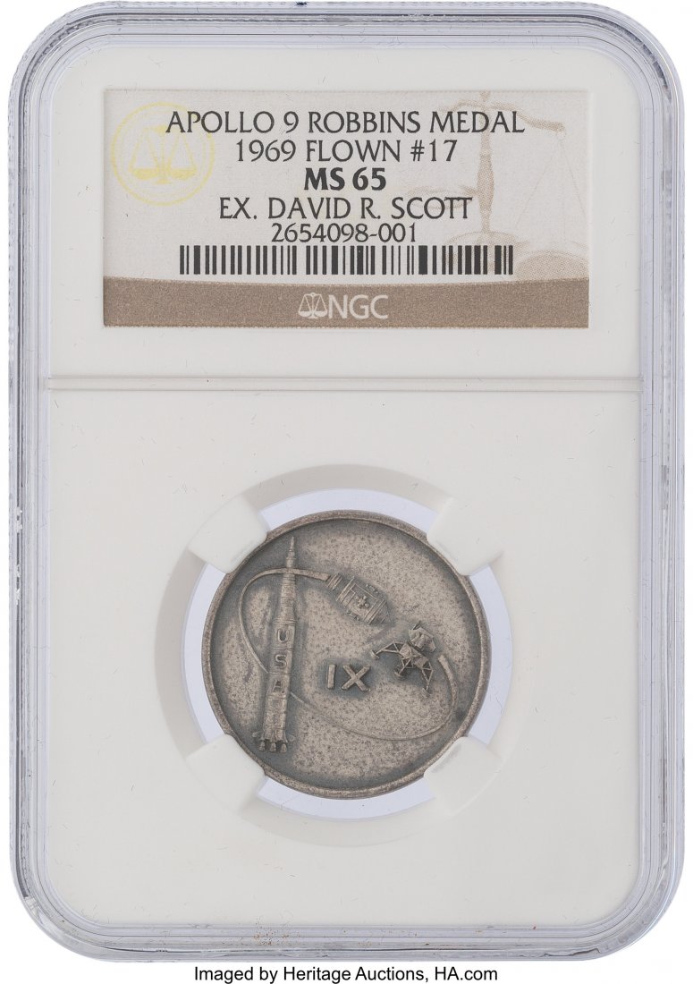 Apollo 9 Flown MS65 NGC Silver Robbins Medallion: Apollo 9 Flown MS65 NGC Silver Robbins Medallion, Serial Number 17, Originally from the Personal Colle