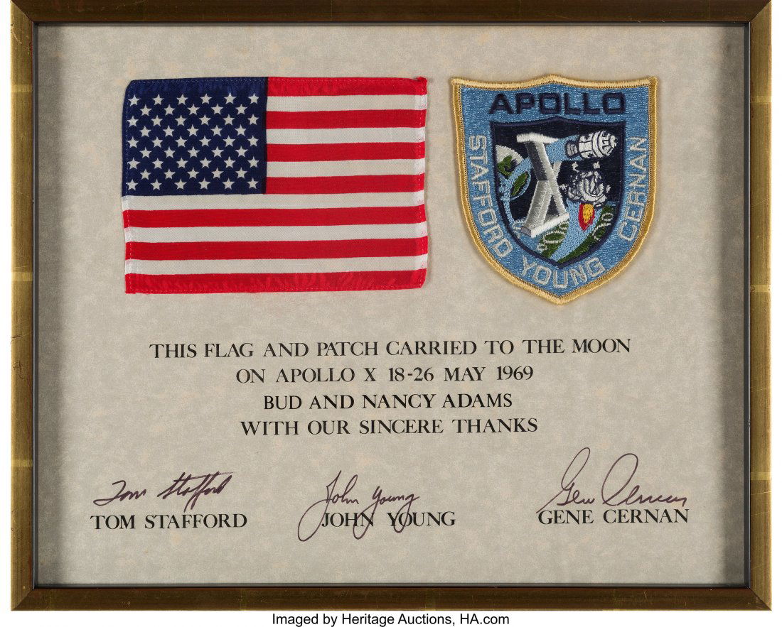 Apollo 10 Flown American Flag and Mission Insign: Apollo 10 Flown American Flag and Mission Insignia Patch on Crew-Signed Certificate Presented to Houst
