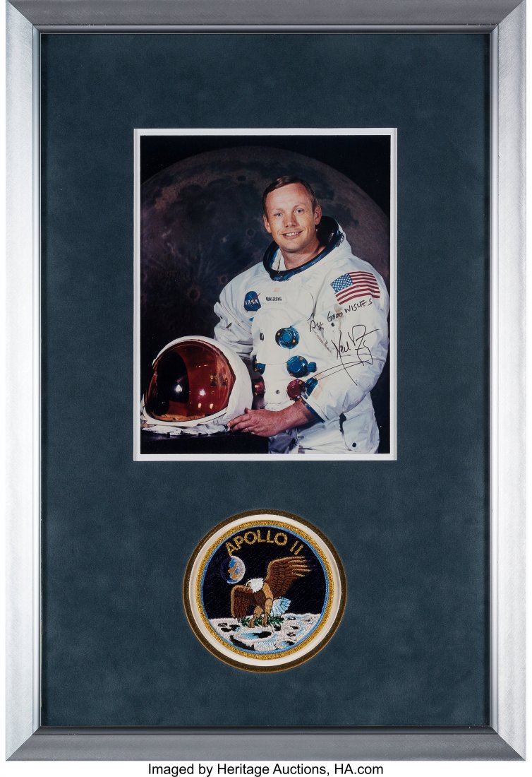 Apollo 11: Neil Armstrong Signed White Spacesuit: Apollo 11: Neil Armstrong Signed White Spacesuit Color Photo in Framed Display with Apollo 11 Mission