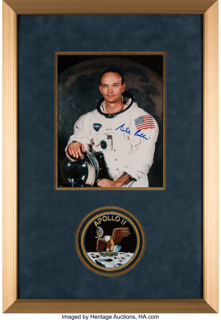 Apollo 11: Michael Collins Signed White Spacesui: Apollo 11: Michael Collins Signed White Spacesuit Color Photo in Framed Display with Apollo 11 Mission