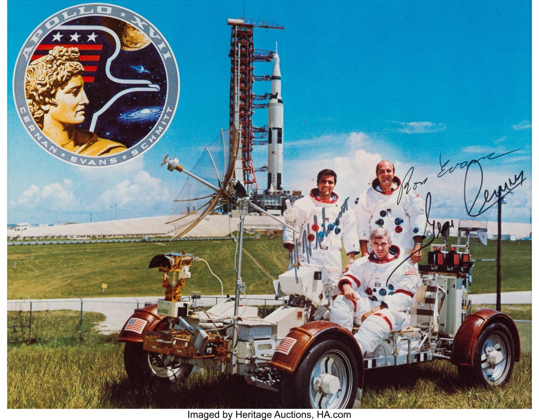 Apollo 17 Crew-Signed White Spacesuit Color Phot: Apollo 17 Crew-Signed White Spacesuit Color Photo with Novaspace Certificate of Authenticity, in Frame