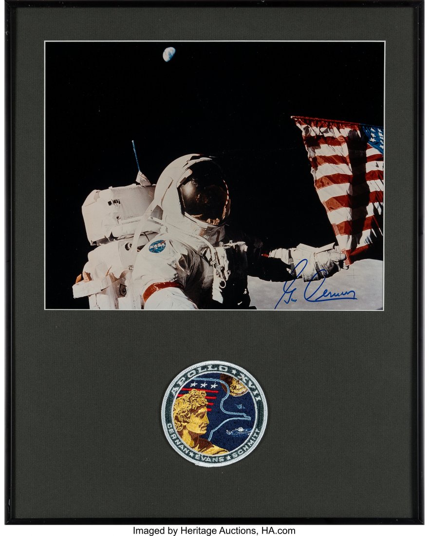 Gene Cernan Signed Large Apollo 17 Lunar Surface: Gene Cernan Signed Large Apollo 17 Lunar Surface Flag Color Photo in Framed Display with Mission Patch