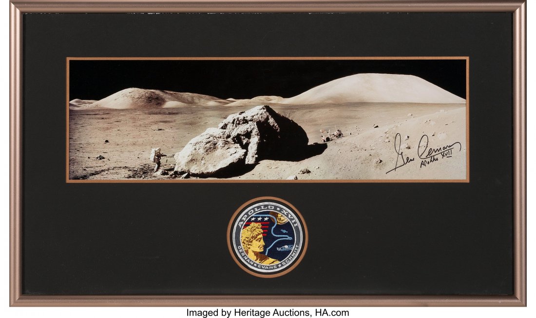 Gene Cernan Signed Large Apollo 17 "Tracy's Rock: Gene Cernan Signed Large Apollo 17 "Tracy's Rock" Panoramic Lunar Surface Photo in with Novaspace Cert