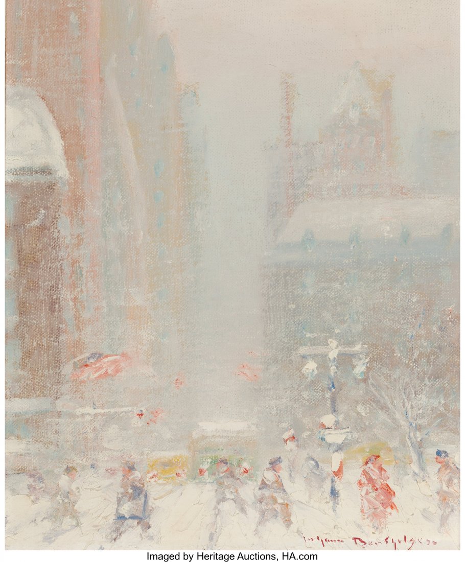 Johann Berthelsen (American, 1883-1972) Fifth Av: Johann Berthelsen (American, 1883-1972) Fifth Avenue in Winter Oil on canvas<