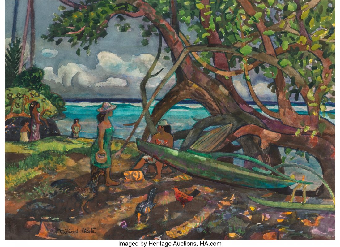 Millard Sheets (American, 1907-1989) Women at th: Millard Sheets (American, 1907-1989)Women at the Beach, Tahiti, 1973Waterco