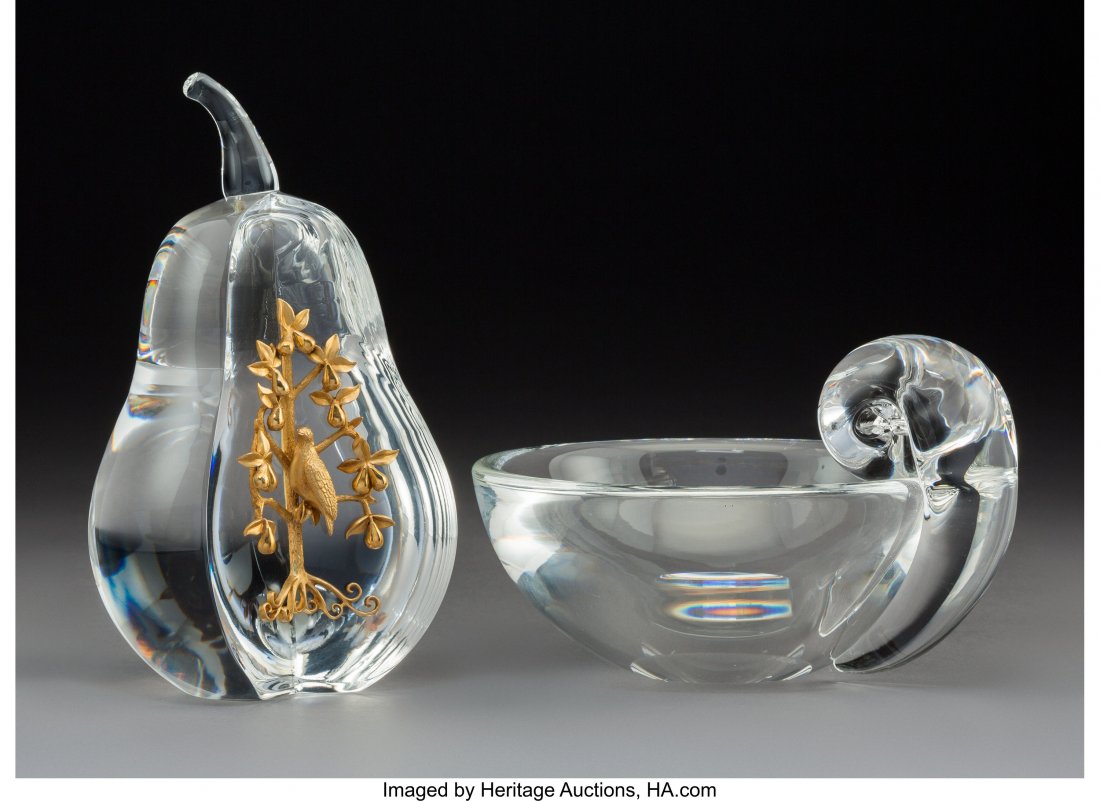 Steuben 18K Gold and Clear Glass Partridge in a: Steuben 18K Gold and Clear Glass Partridge in a Pear Tree P
