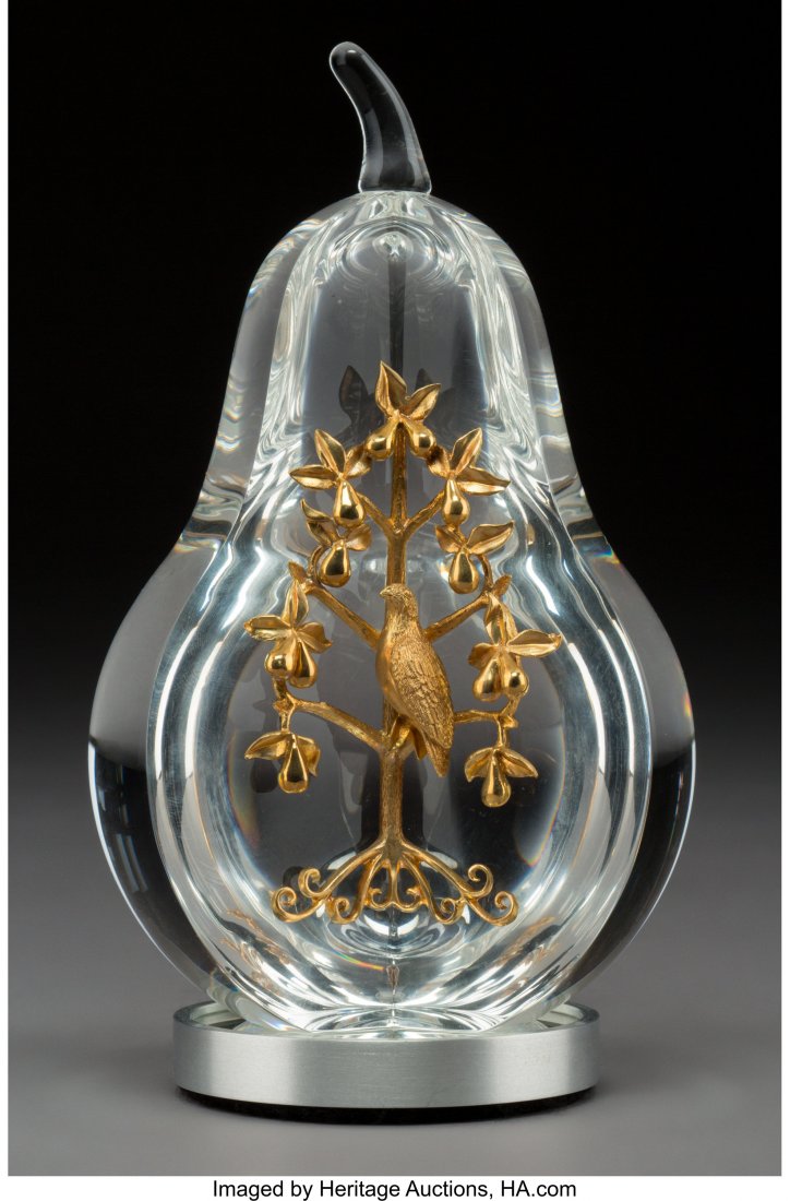 Steuben 18K Gold and Clear Glass Partridge in a: Steuben 18K Gold and Clear Glass Partridge in a Pear Tree P
