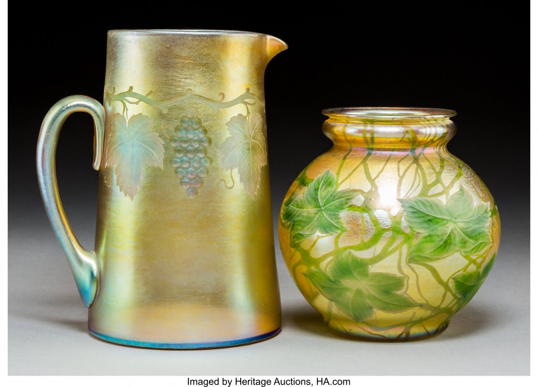 Tiffany Studios Intaglio-Decorated Gold Favrile : Tiffany Studios Intaglio-Decorated Gold Favrile Glass Vase and Pitcher Circa 1915. Engraved