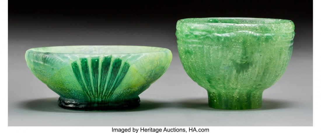 Two Almeric Walter and FranÃ§ois-Emile Decorchem: Two Almeric Walter and FranÃ§ois-Emile Decorchemont Green Pate-de-Verre Glass Bowls Circa 1