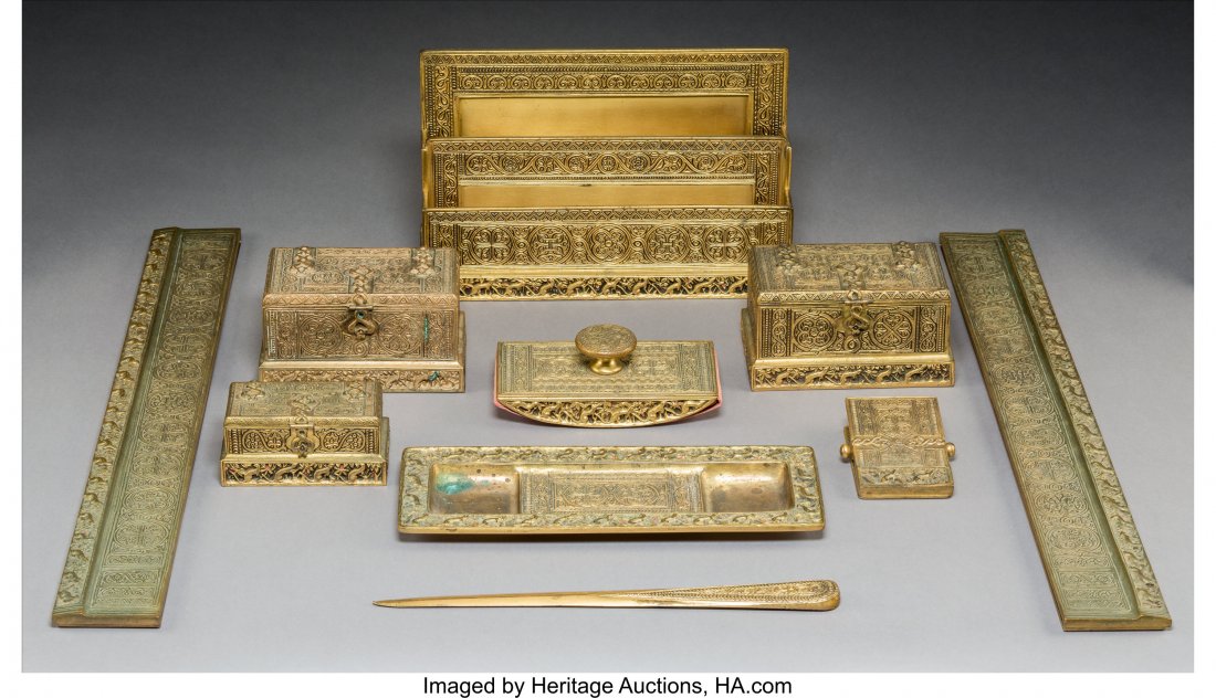 Ten-Piece Tiffany Studios Gilt Bronze Venetian D: Ten-Piece Tiffany Studios Gilt Bronze Venetian Desk Set