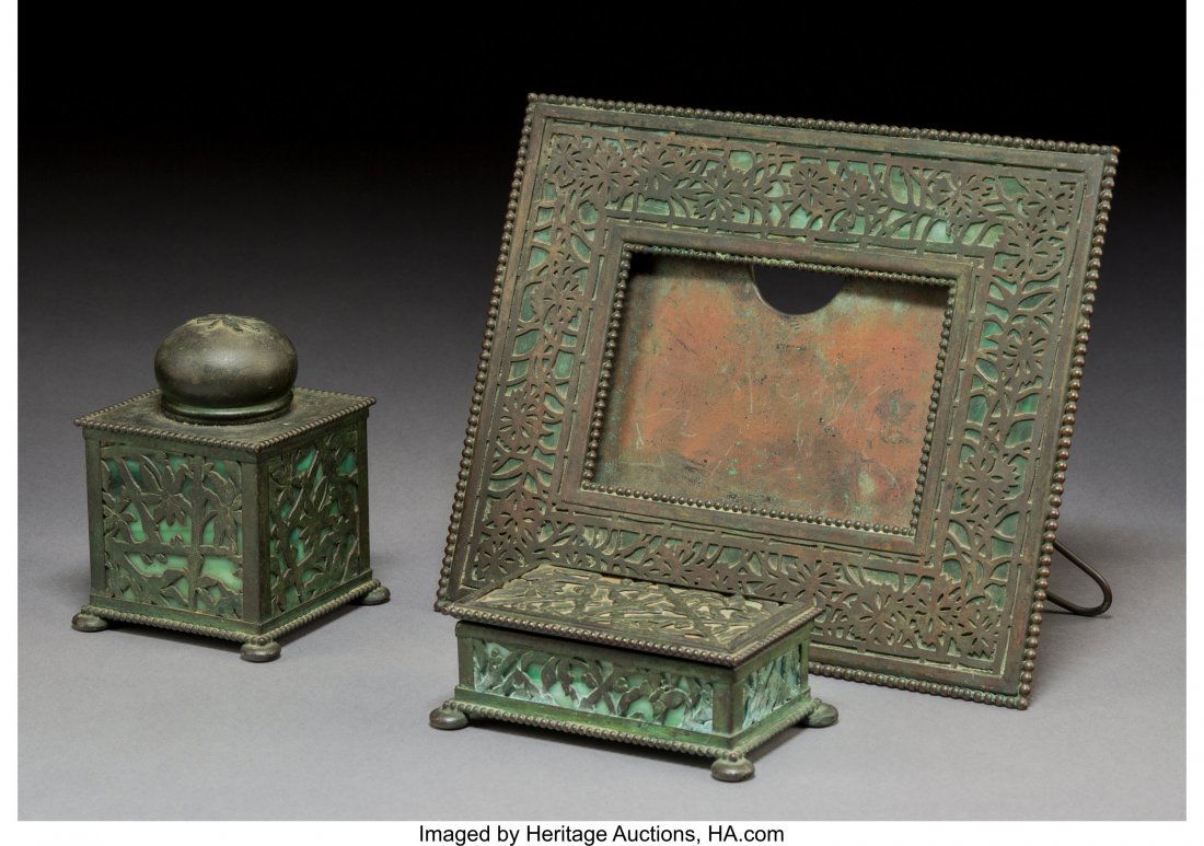 Rare Tiffany Studios Bronze and Glass Floral Pat: Rare Tiffany Studios Bronze and Glass Floral Pattern Frame