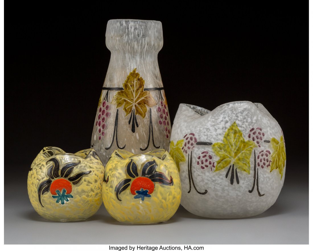 Four Legras Enameled Glass Vases Circa 1920. Cam: Four Legras Enameled Glass VasesCirca 1920. Cameo Legras. Acid-etched M