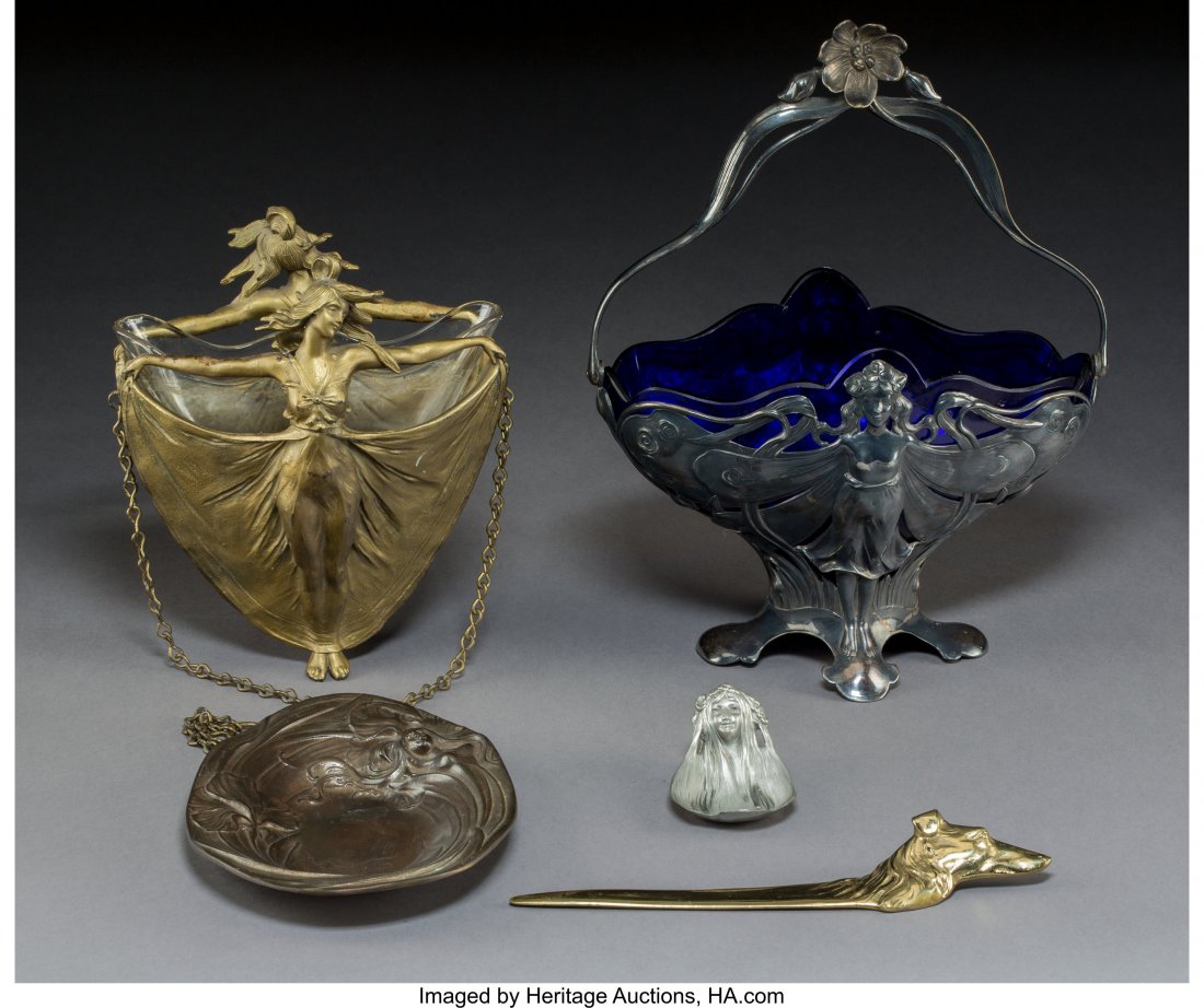 Five Art Nouveau Metalwork Pieces Early 20th cen: Five Art Nouveau Metalwork Pieces Early 20th century Ht. 13 in. (tallest, pewter and gl