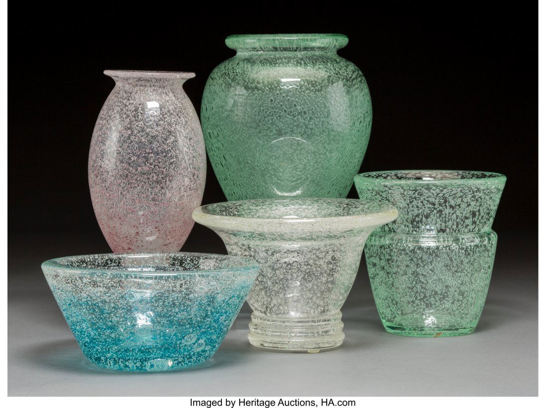 Four Daum Bubble Glass Vases with a Schneider Bu: Four Daum Bubble Glass Vases with a Schneider Bubble Glass BowlCirca 1930. Engraved DAU