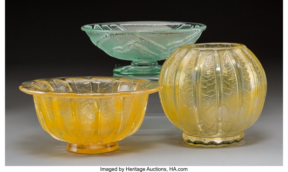 Three Daum Art Deco Acid-Etched Glass Vases Circ: Three Daum Art Deco Acid-Etched Glass VasesCirca 1925. Engraved DAUM, NANCY, <