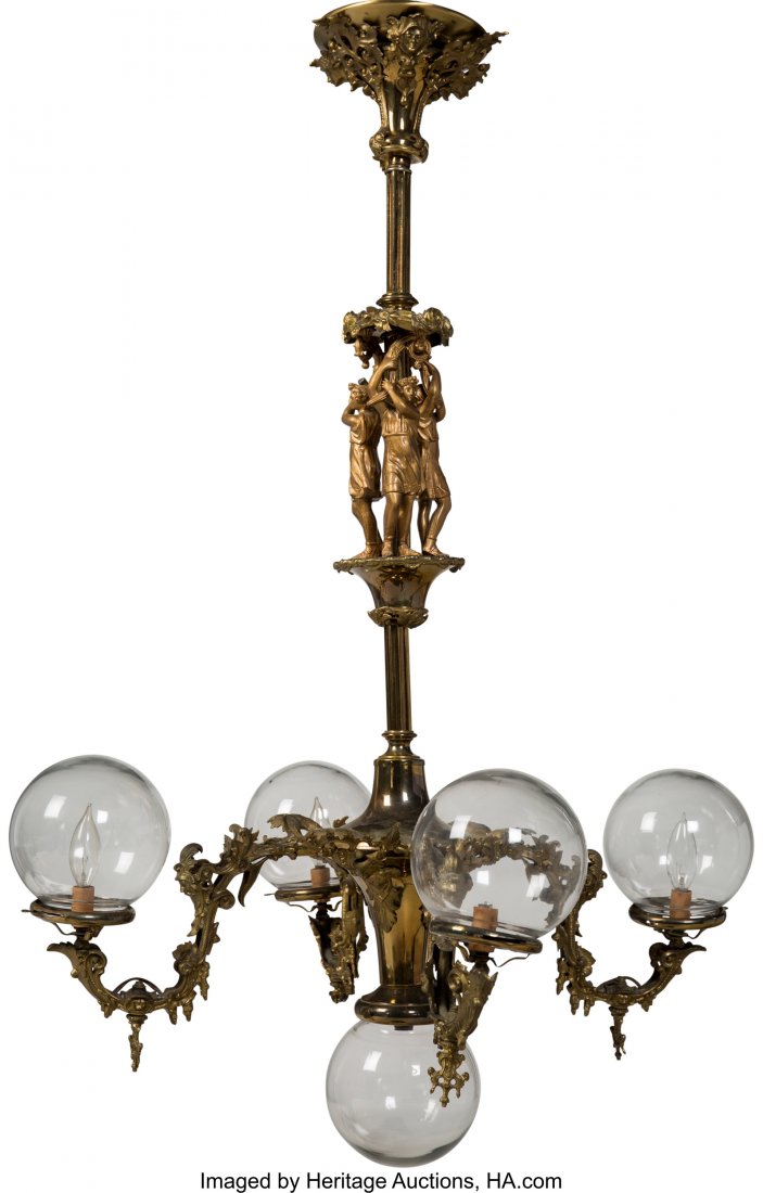 French Beaux Arts Gilt Metal Five-Light Chandeli: French Beaux Arts Gilt Metal Five-Light Chandelier Circa 1910 Ht. 42 x 24 x 24 in. (over