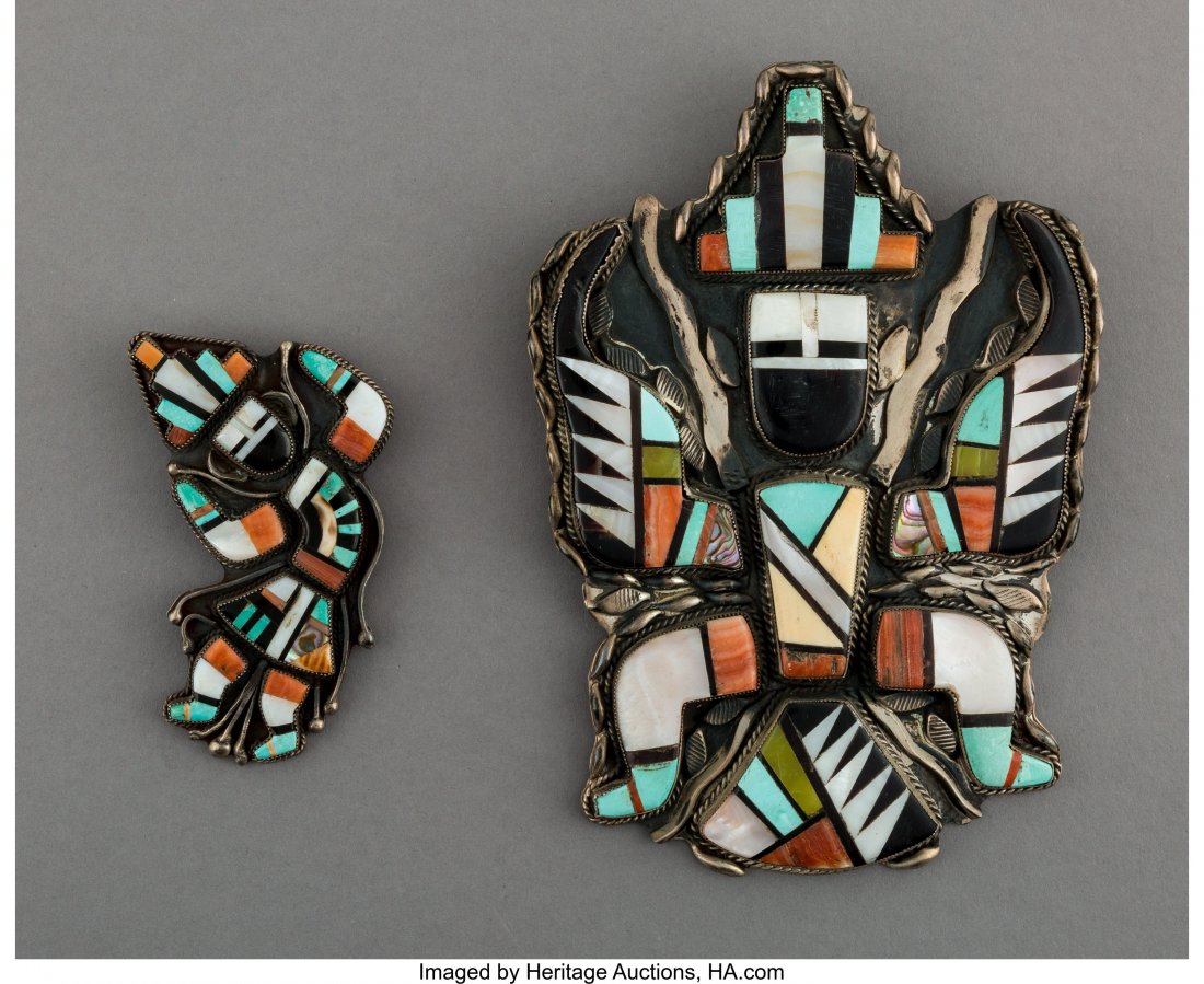 Two Zuni Jewelry Items c. 1965 including a pen: Two Zuni Jewelry Items c. 1965 including a pendant and a very large bolo tie,