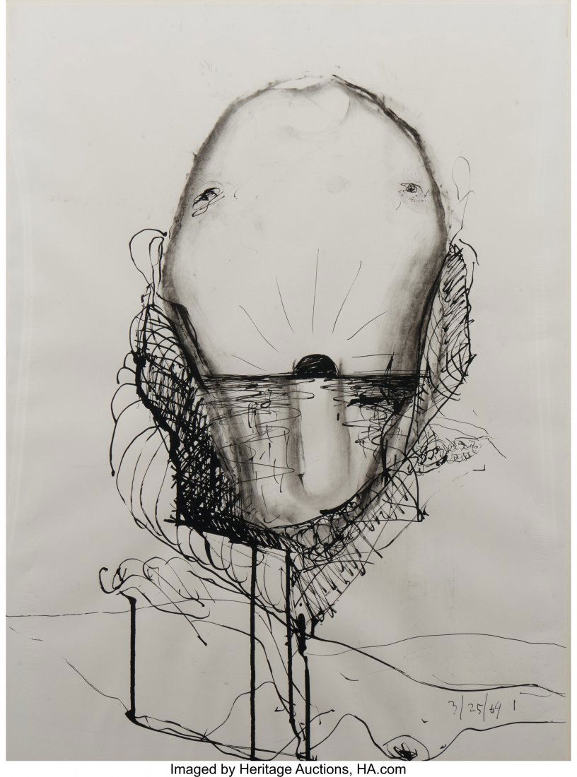 Nathan Oliveira (1928-2010) Untitled (Seated Female: Nathan Oliveira (1928-2010)Untitled (Seated Female Nude) and Untitled (Sun at Horizon) (two works), 1965; 1969Ink on paper; ink and charcoal on paper24 x 19 inches (61.0 x 48.3 cm) (Untitled