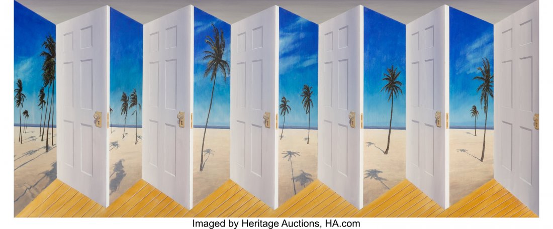 Patrick Hughes (b.1939) Long Palms, 1998 Oil on board: Patrick Hughes (b.1939)Long Palms, 1998Oil on board32-1/2 x 68-1/2 x 7-3/4 inches (82.6 x 174.0 x 19.7 cm)Signed, titled, and dated on the reverse: Long Palms / Patrick Hughes / 1998 PROVENANCE