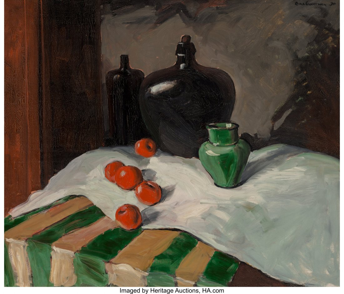 Carl Frederick Gaertner (American, 1898-1952) Black: Carl Frederick Gaertner (American, 1898-1952)Black Bottles, 1930Oil on canvas35-1/8 x 40-7/8 inches (89.2 x 103.8 cm)Signed and dated upper right: Carl Gaertner 30PROPERTY OF A CALIFORNIA FAMIL