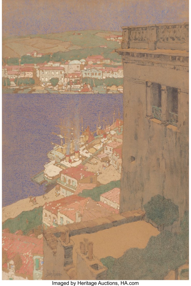 Jules Guerin (American, 1866-1946) France Gouache and: Jules Guerin (American, 1866-1946) France Gouache and pastel on cardboard 29-3/8 x 19-1/2 inches (74.6 x 49.5 cm) Signed lower left: Jules Guerin PROVENANCE: Clayton-Liberatore Art Gallery, Bridg