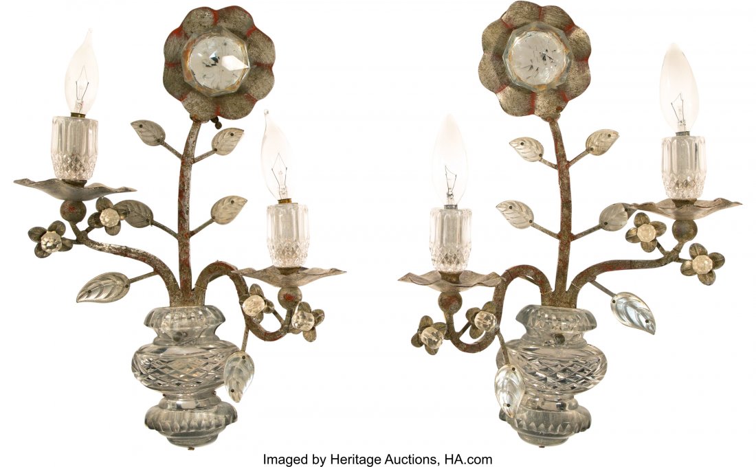 A Pair of Maison Bagues-Style Silvered Steel and Glass: A Pair of Maison Bagues-Style Silvered Steel and Glass Two-Light Sconces, circa 196016 x 11 x 4 inches (40.6 x 27.9 x 10.2 cm) (each, approximate) PROPERTY FROM THE ESTATE OF COLLETTA RAY MCMILLIAN, H