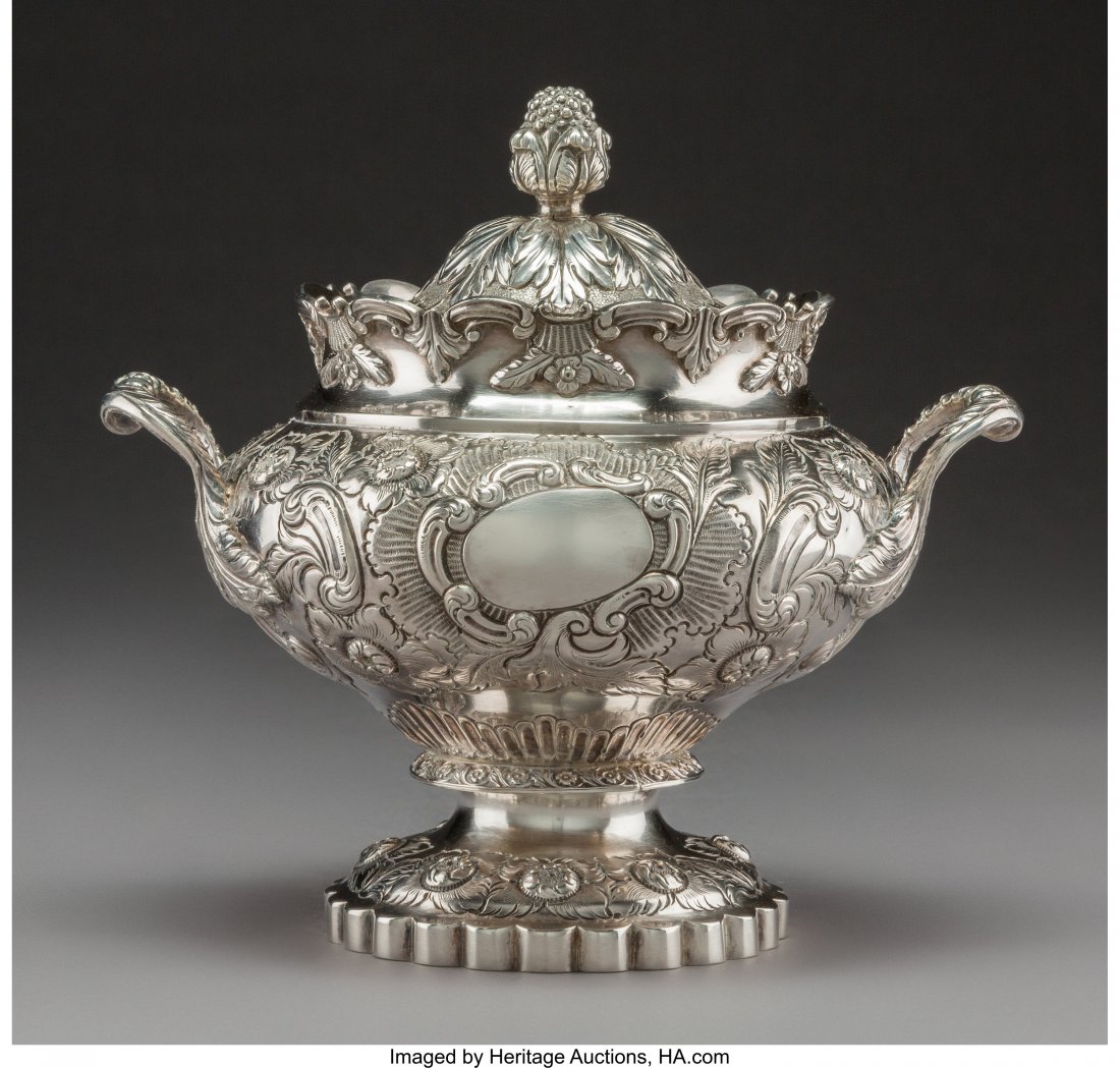 A Large Baldwin Gardiner Coin Silver Covered Sugar: A Large Baldwin Gardiner Coin Silver Covered Sugar Bowl, New York, circa 1835Marks: B GARDINER, NEW YORK, (lion pasant-bust-G)7-1/2 x 7-3/4 x 6 inches (19.1 x 19.7 x 15.2 cm)32.81 troy ounces
