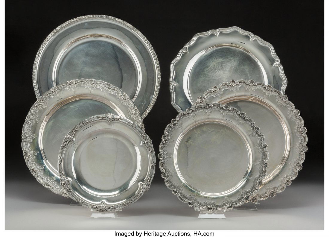 Six Portuguese Silver Platters, 20th century Marks:: Six Portuguese Silver Platters, 20th century Marks: (various)13 inches (33.0 cm) (largest)104.45 troy ounces