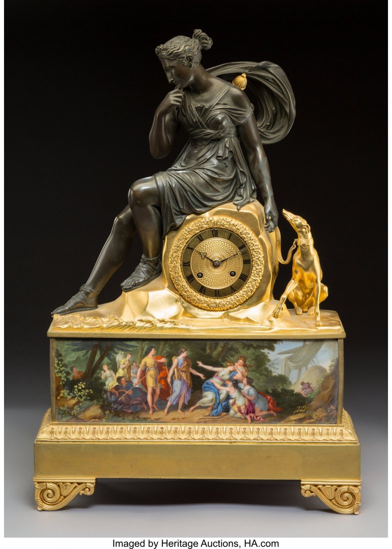 A Fine French Empire Gilt and Patinated Bronze Figural: A Fine French Empire Gilt and Patinated Bronze Figural Clock Depicting Diana and Hound with Allegorical Porcelain Frieze, circa 1825 Marks to movement: ANDRE A PARIS 24-1/8 x 16-7/8 x 6-1/2 inches (61