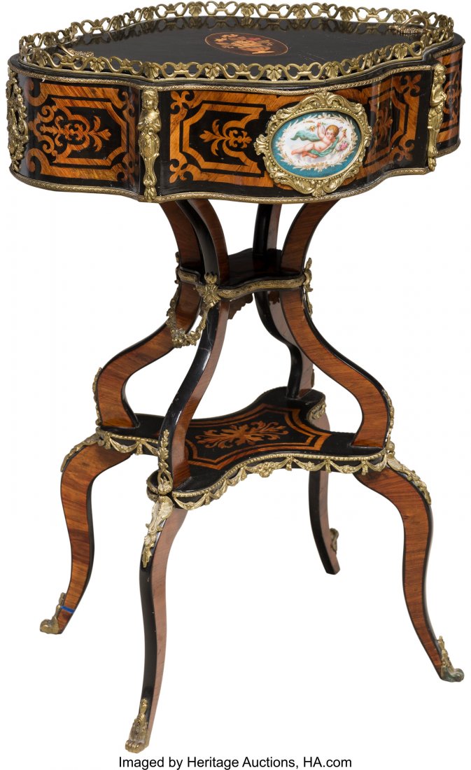 A Napoleon III Marquetry, Lacquered Wood, and Gilt: A Napoleon III Marquetry, Lacquered Wood, and Gilt Bronze Combination Jardinière Work Table, circa 1870 30-1/2 x 21 x 15-1/2 inches (77.5 x 53.3 x 39.4 cm)