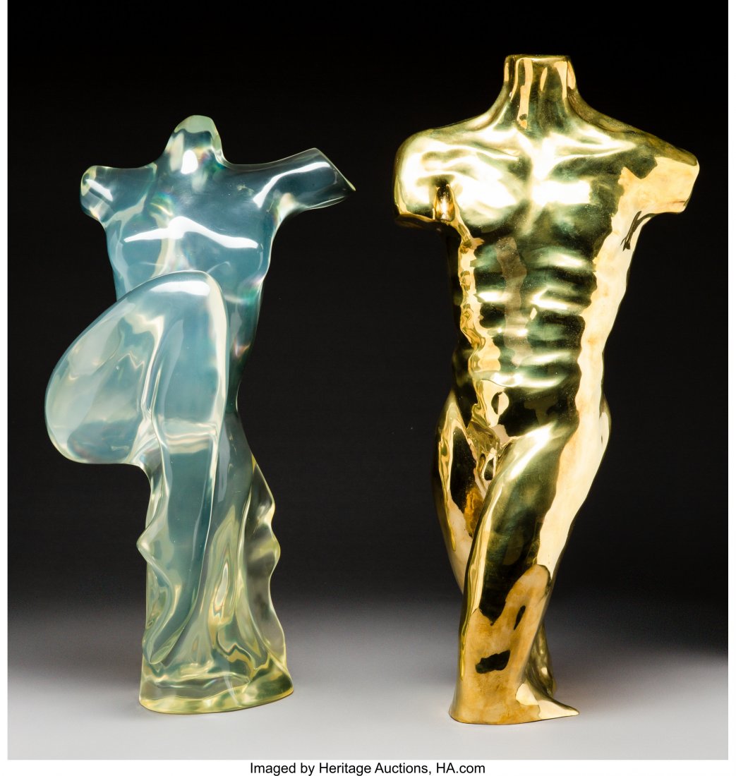 A Maxi Forti Plexiglass and Gold Patinated Bronze Union: A Maxi Forti Plexiglass and Gold Patinated Bronze Union Sculpture, circa 1984Marks: Max Forti, 11-X, 84, (foundry cipher)26 x 12 x 11-1/2 inches (66.0 x 30.5 x 29.2 cm) (larger)