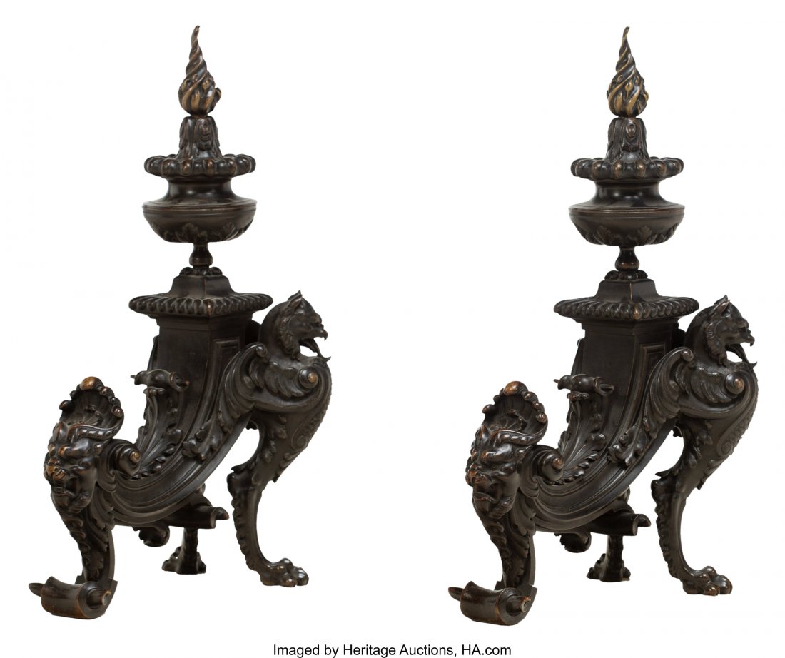 A Pair of Renaissance Revival Patinated Bronze Figural: A Pair of Renaissance Revival Patinated Bronze Figural Andirons, late 19th century 25 x 14-1/2 x 8-3/4 inches (63.5 x 36.8 x 22.2 cm) (each)