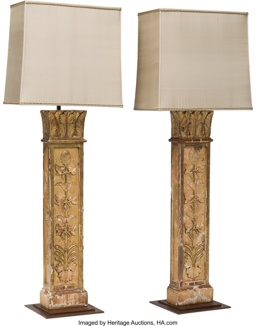 A Pair of Neoclassical Giltwood Architectural La: A Pair of Neoclassical Giltwood Architectural Lamps, Gilt Iron Coffee Table, and George III-Style Gilt