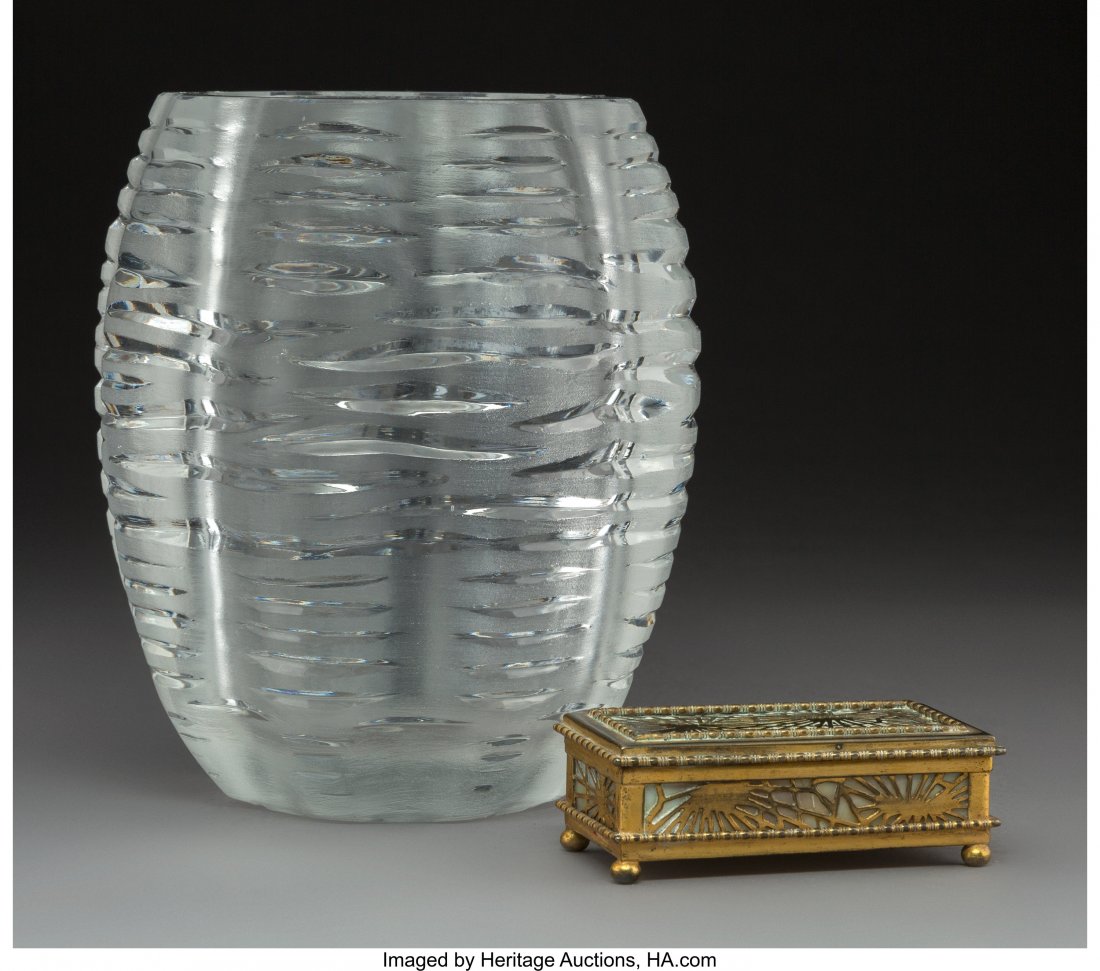 A Lalique Clear and Frosted Glass Vase with Tiff: A Lalique Clear and Frosted Glass Vase with Tiffany Studios Pine Needle </