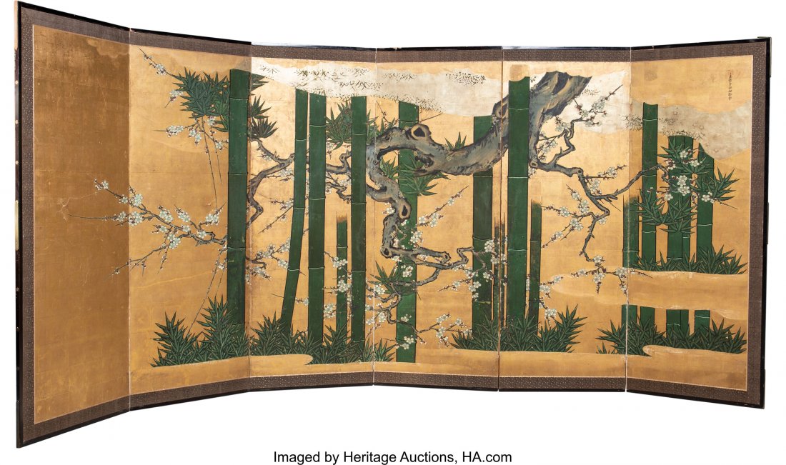 A Japanese Kano-Style Six-Panel Room Screen, lat: A Japanese Kano-Style Six-Panel Room Screen, late Meiji Period, circa 1900 Marks: (various)