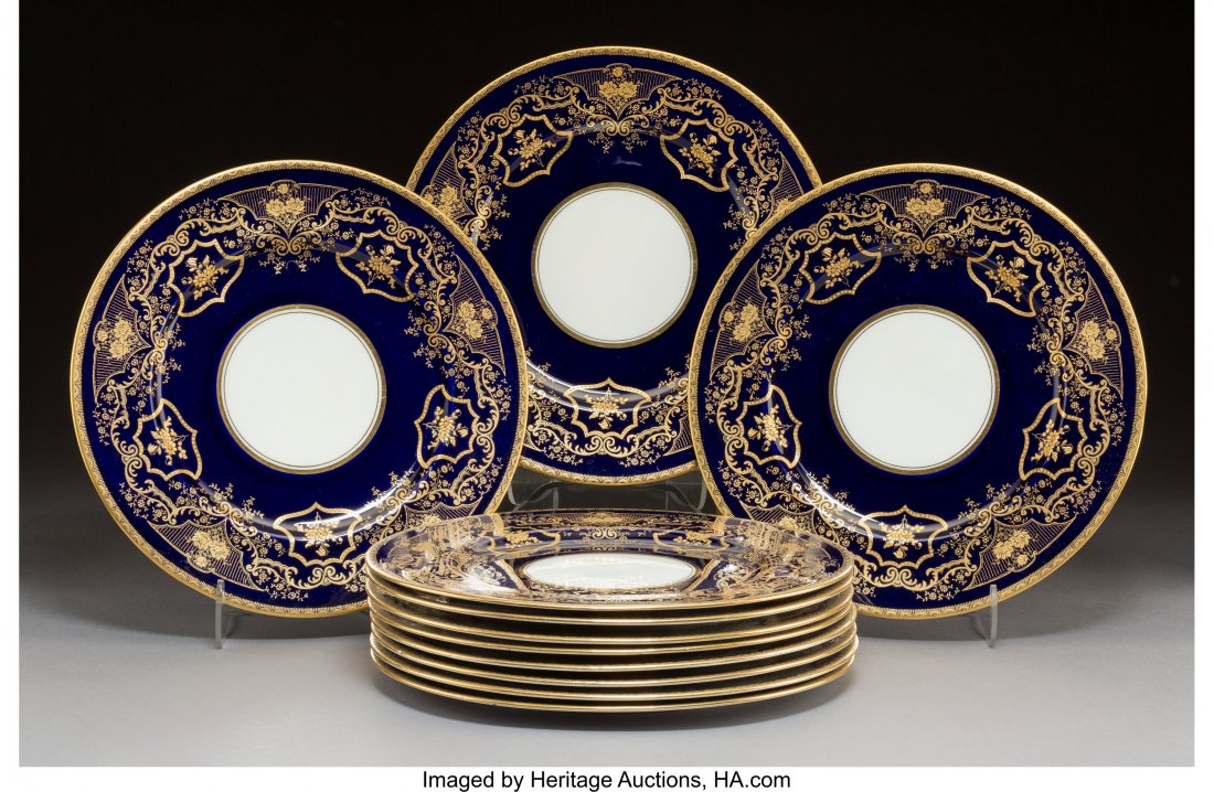 Eleven George Jones & Sons Partial Gilt Porcelai: Eleven George Jones & Sons Partial Gilt Porcelain Plates, Staffordshire, England, circa 19