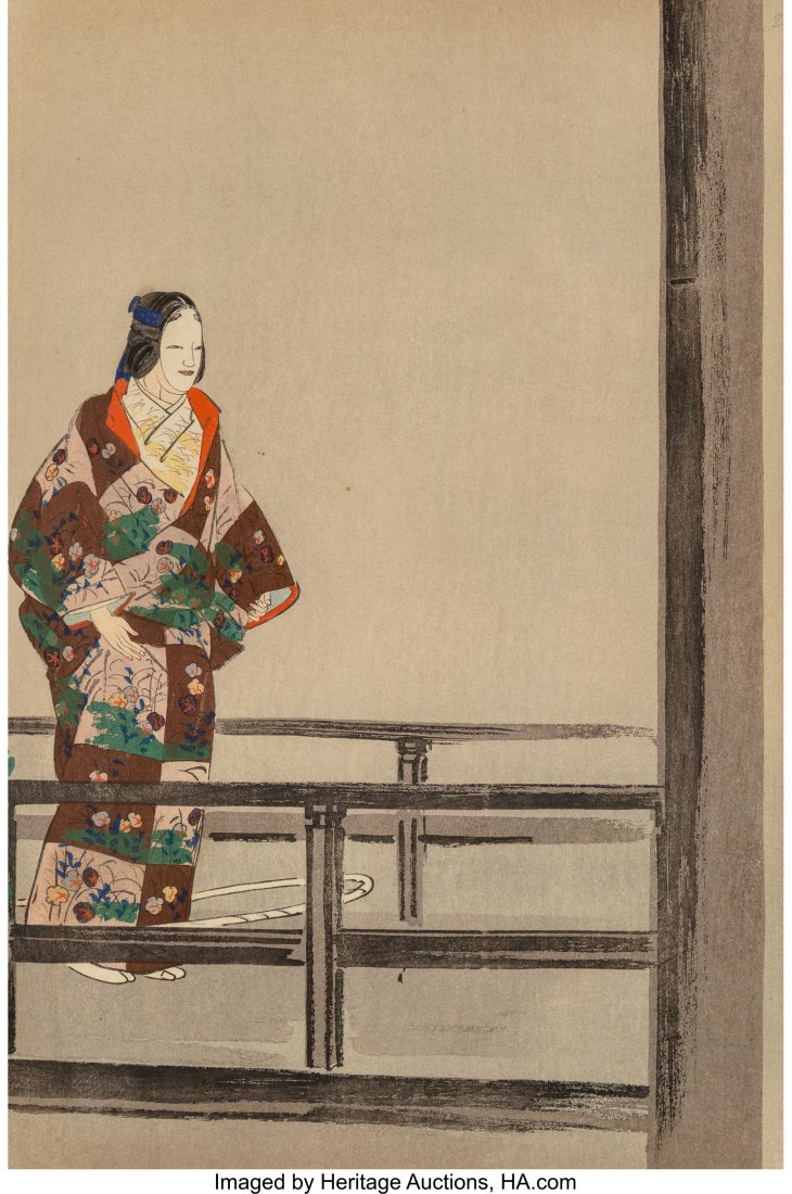 A Japanese Woodblock Depicting Figure on Walkway: A Japanese Woodblock Depicting Figure on Walkway 14 x 9 inches (35.6 x 22.9 cm) (sheet)