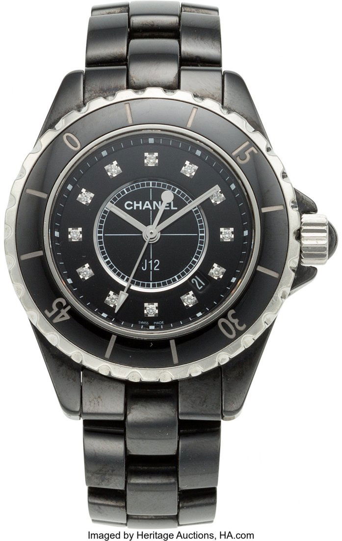 Chanel 33mm Black Ceramic & Diamond J12 Watch Co: Chanel 33mm Black Ceramic & Diamond J12 WatchCondition: 2Full Length