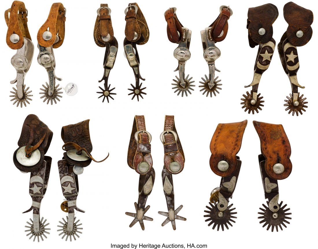 Lot of Seven Assorted Pairs of Spurs. Comprisin: Lot of Seven Assorted Pairs of Spurs. Comprising: 1.) Crocket Spurs. 16 point rowels.