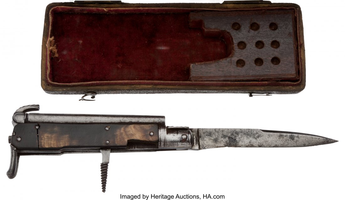 Cased English Deringer / Folding Knife Pistol. : Cased English Deringer / Folding Knife Pistol. Unserialized, 6.5mm caliber, 4-inch ro
