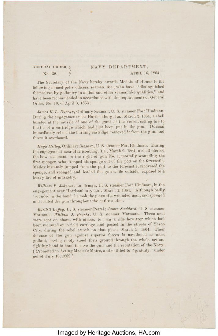 General Order No. 32 Awarding Contraband Robert: General Order No. 32 Awarding Contraband Robert Blake the Medal of Honor. Four pages,