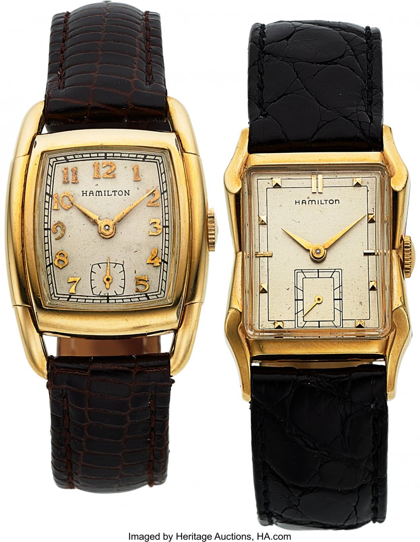 Two Art Deco Hamilton Wristwatches, Adrian and D: Two Art Deco Hamilton Wristwatches, Adrian and Dodson, 10K Yellow Gold Filled, Manual Wind, Circa 1939