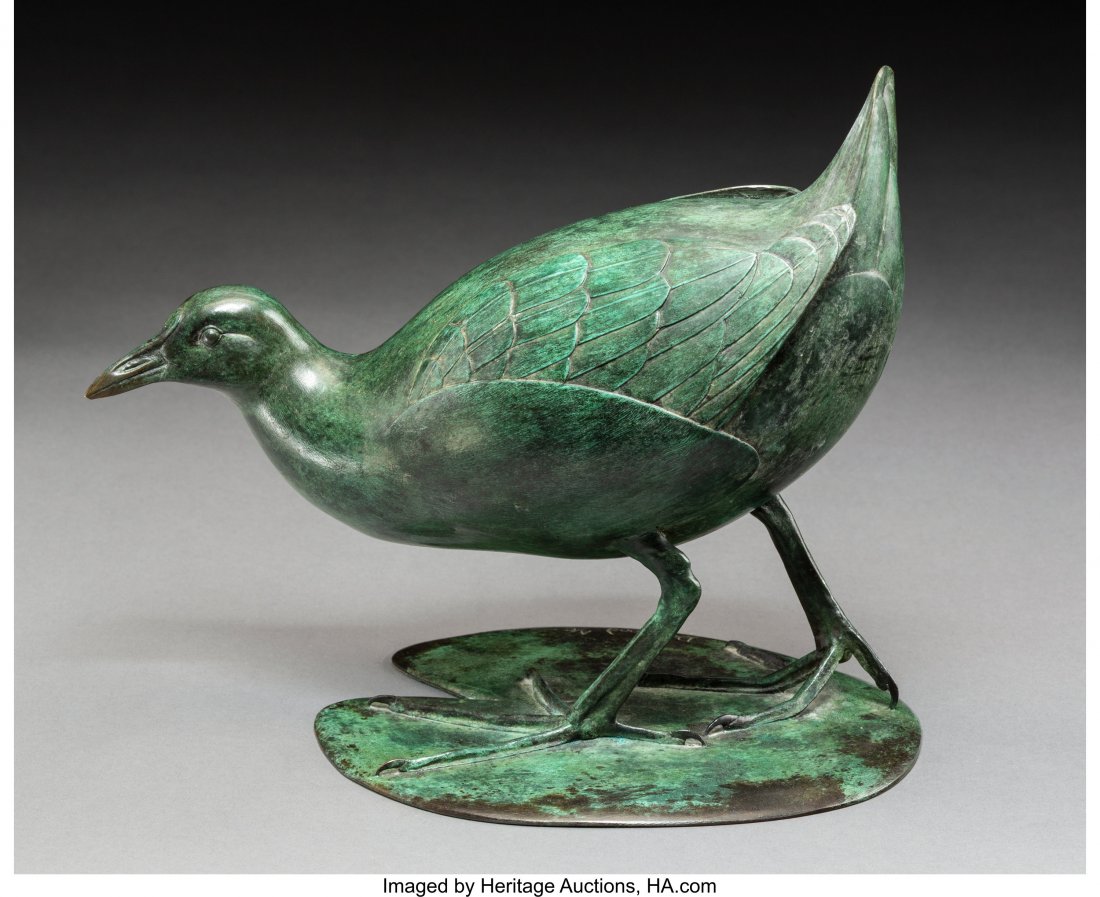 Geoffrey Dashwood (British, b. 1947) Moorhen on : Geoffrey Dashwood (British, b. 1947) Moorhen on Lilly Pad, 1987 Bronze with g