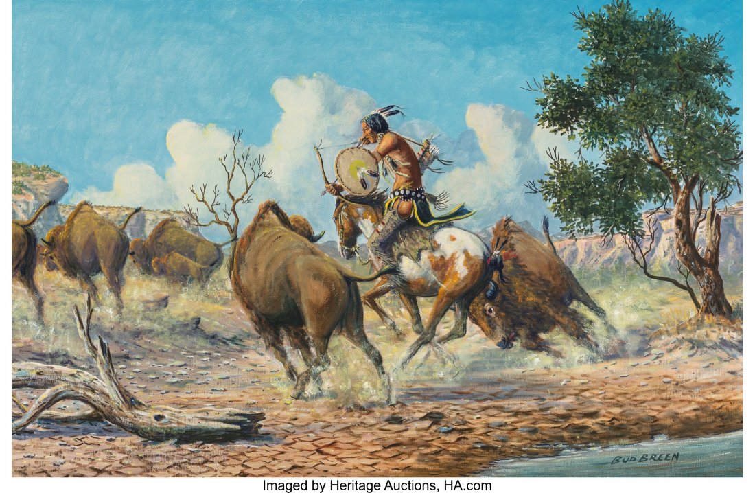 Bud Breen (American, 1927-2005) Buffalo Hunt Acr: Bud Breen (American, 1927-2005) Buffalo Hunt Acrylic on canvas 24 x 36 inc