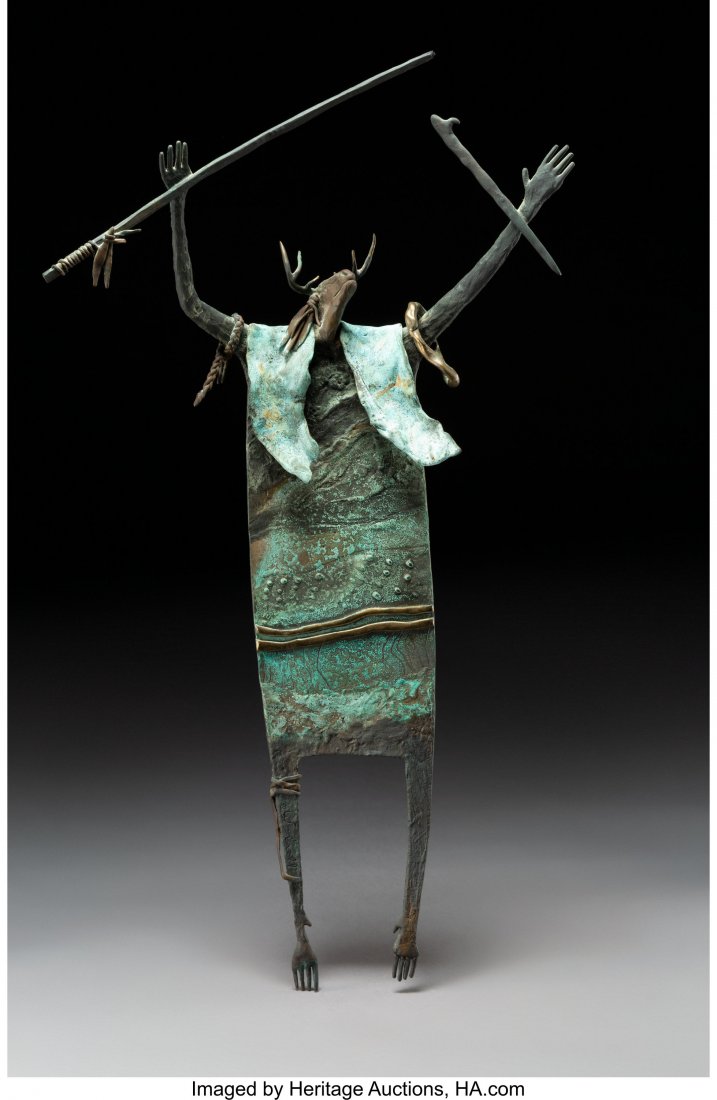 Bill Worrell (American, b. 1936) Caped, Antlered: Bill Worrell (American, b. 1936) Caped, Antlered Shaman with Spear Thrower and Ring of F