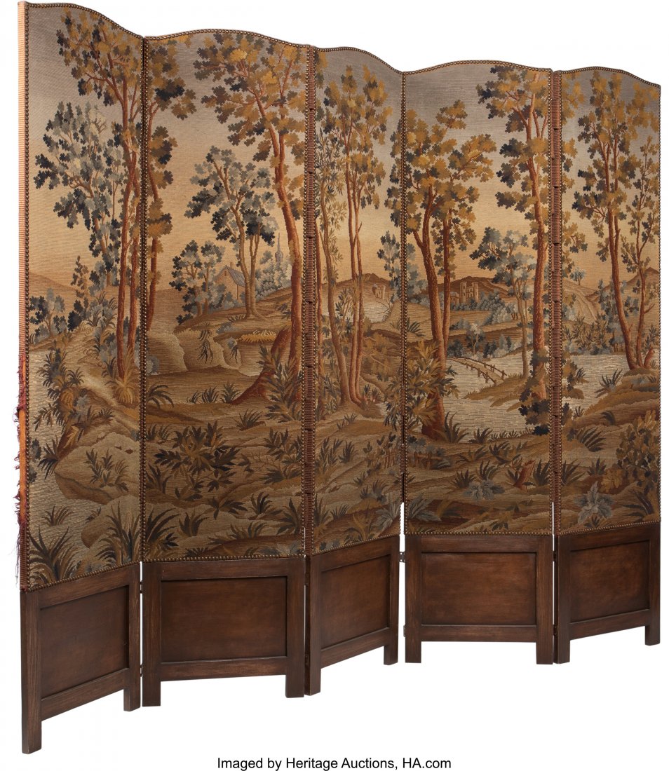 A French Needlepoint Tapestry and Walnut Five-Pa: A French Needlepoint Tapestry and Walnut Five-Panel Screen, late 19th -early 20th century