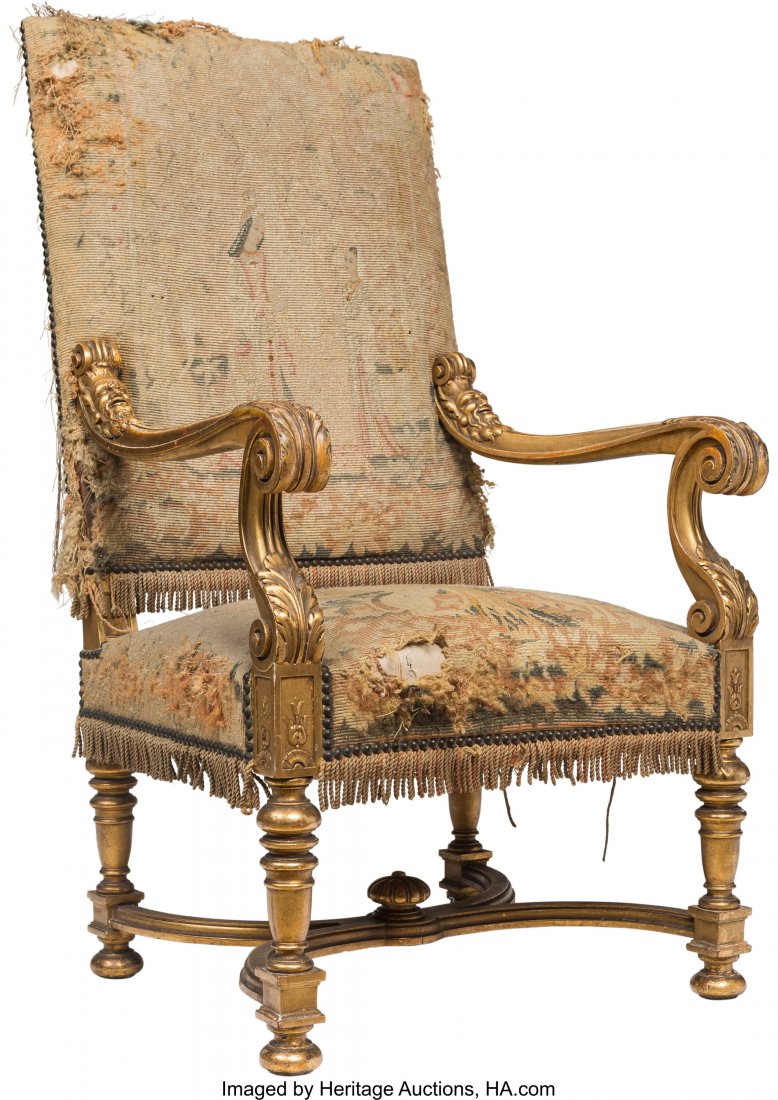 A Continental Carved Giltwood and Tapestry Uphol: A Continental Carved Giltwood and Tapestry Upholstered Armchair, 19th century 47-1/4 x 25-3